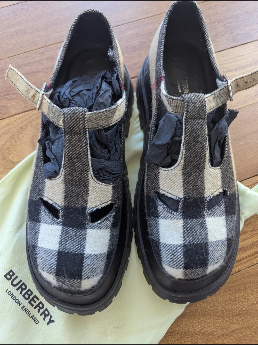 Authentic - Burberry Black & White Check Mary Jane Lug Sole Loafers - Picture 2 of 5